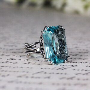Sterling Silver Aquamarine Ring, Antique Style Filigree, Simulated Blue Gem